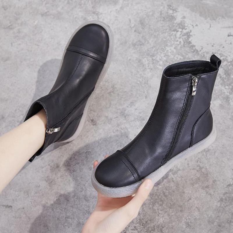 

Boots 2022 Leather Soft Bottom Casual All Match Shoes Side Zipper Size Ytmtloy Round Toe Flat With Botines De Mujer Sexy, Beige