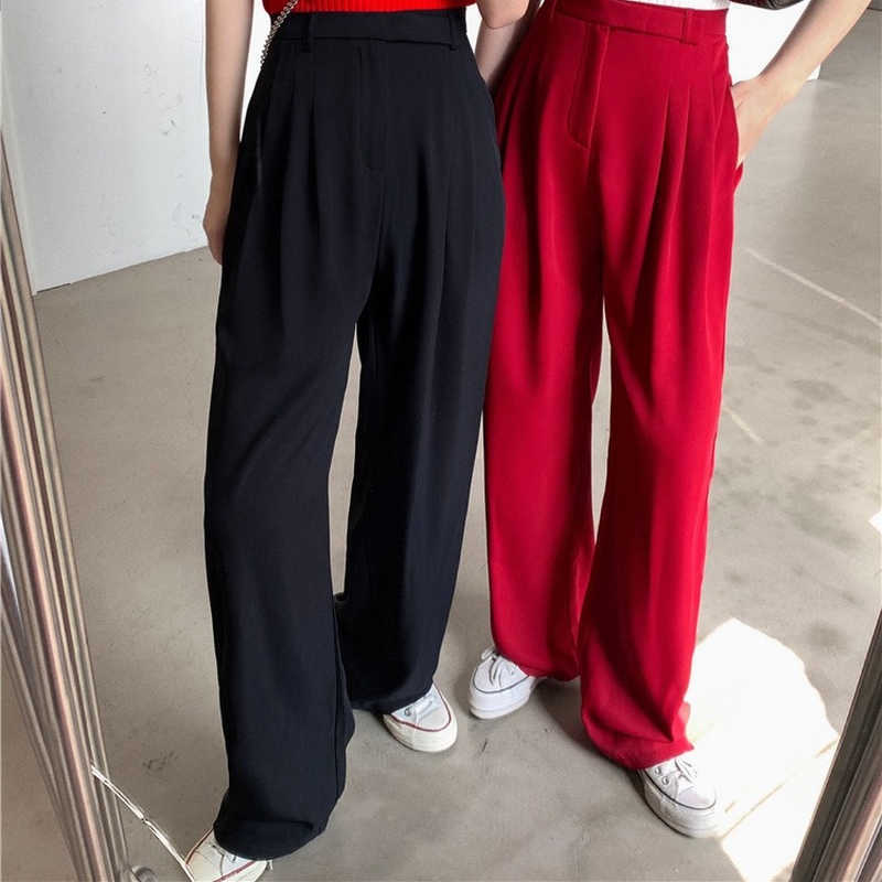 

Woman Pants Korean High Waist Long Trousers Causal Solid Spring Summer Wide Leg Pantalones Mujer 6G632 210603, Red