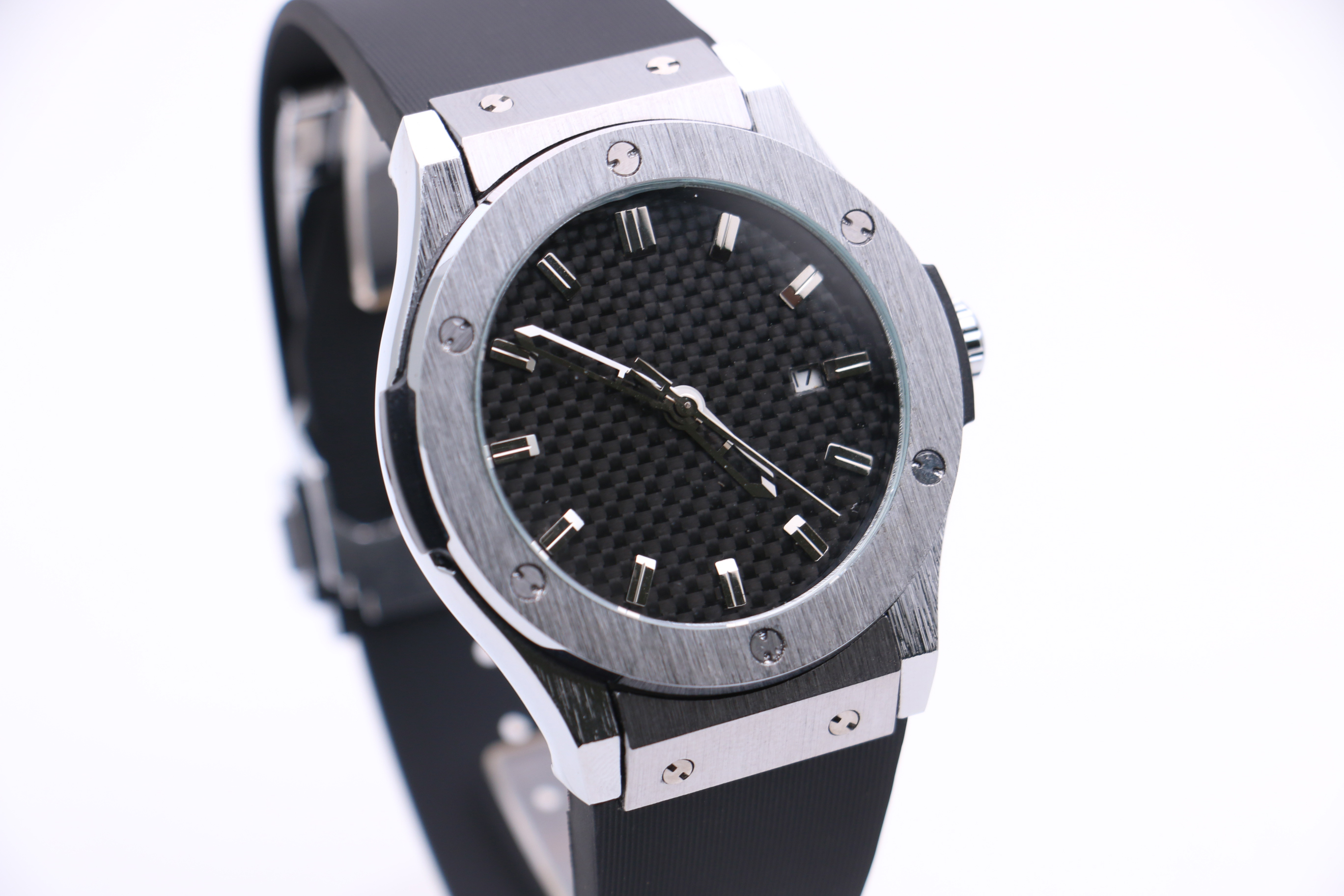 

Men's Mechanical Watch Business Fashion Modern Silver Stainless Steel Case Rubber Strap 3 Needle Calendar Black Mesh Surface 43mm, Multi-color