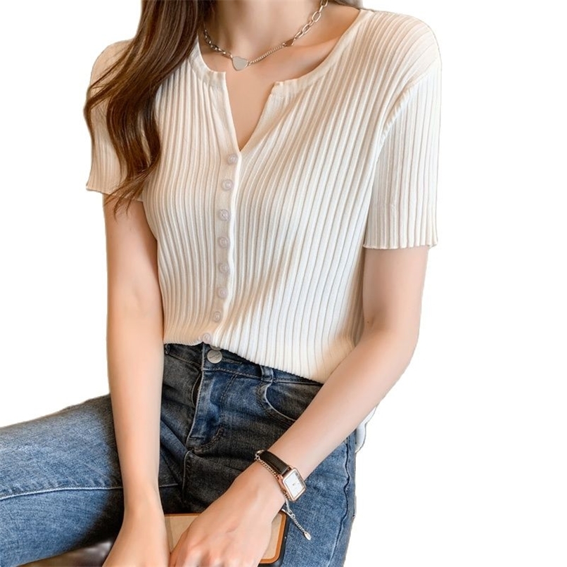 

Pure Color Loose V-neck Button Top Short Sleeve Thin Knit Cardigan Summer Korean Fashion women' clothing 210520, Blue