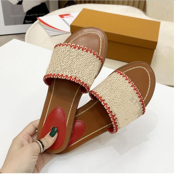 

2021 women slippers top quality outdoor banquet Slide shoes pp straw summer leather sandals multicolor flat heel Mule letter Size 35-42