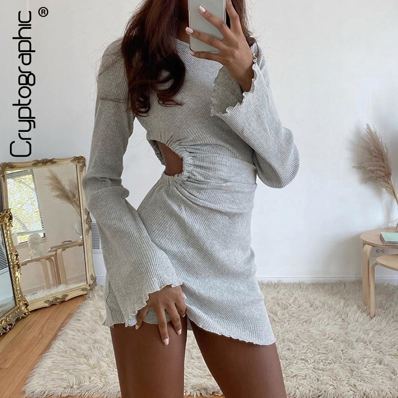 

Cryptographic Autumn Draped Flare Sleeve Cut-Out Mini Dresses Knitting Round Neck Ruched Dress Skinny Chic Casual Streetwear, Grey
