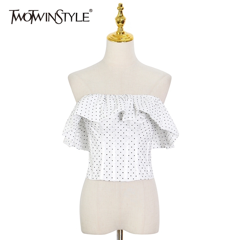 

Sexy Print Dot Shirt For Women Slash Neck Sleeveless Patchwork Ruffle Slim Short Blouse Female Fashion Clothing 210524, Black