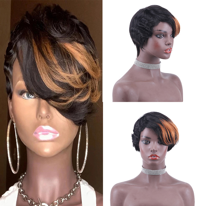 

Highlighted 1B 30 Blonde Short Glueless Wig With Bangs Pixie Cut Peruvian Virgin Human Hair Straight Ombre Non Lace Wigs For Black Women, T1b/30