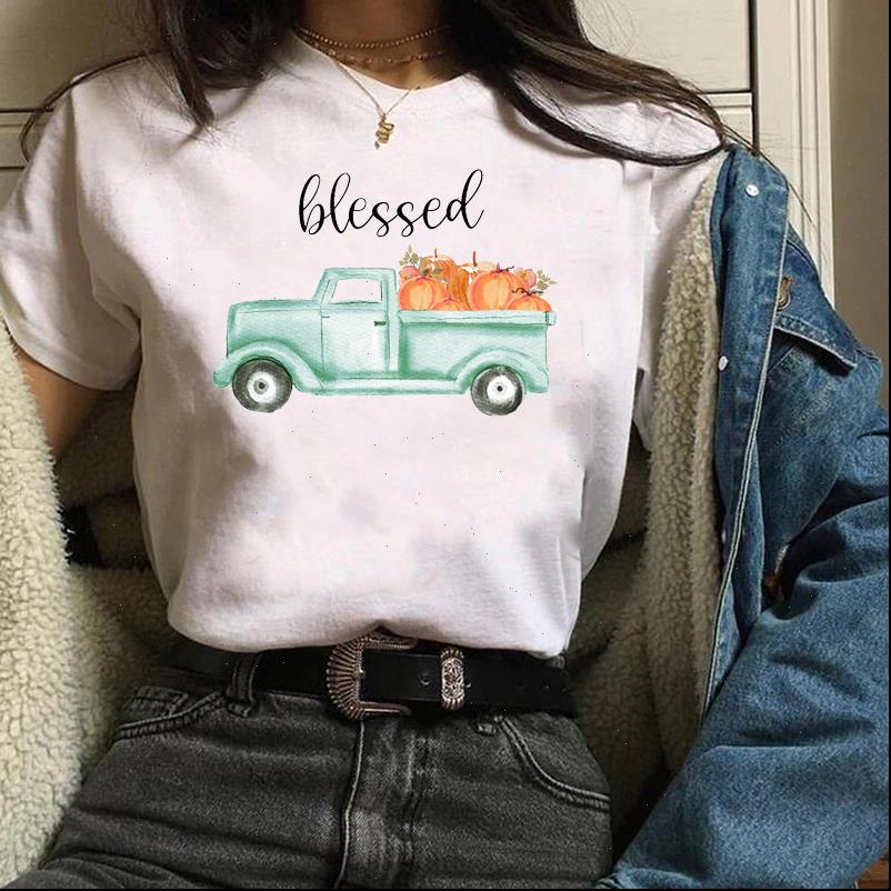 

print graphic pumpkin truck womens t shirt watercolor cute thanksgiving autumn halloween tees female, White