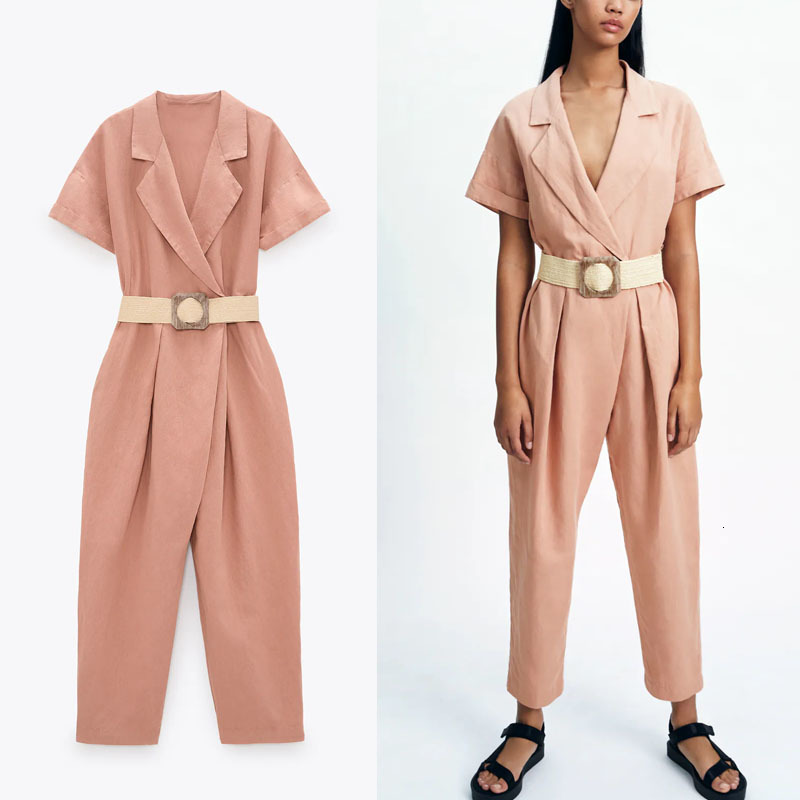 jumpsuits ZA Jumpsuit Women Linen Short Sleeve Belt Pink Playsuits Chic Side Pockets Snap Buttons Vintage Woman Summer Jumpsuits-image-674548399