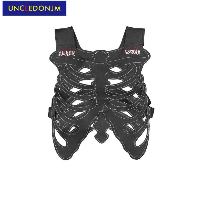

Men's Vests UNCLEDONJM Motorcycle Skeleton Hollow PU Leather Waistcoat Men High Street Embroidery Vest Hip Hop Cool Clothes Coat, Black
