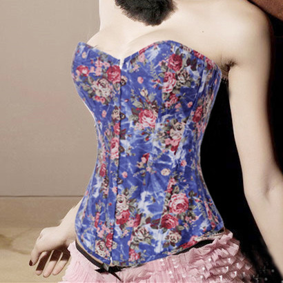 

Woman Bustiers Black/Blue Flowers Printed Sexy Jeans Fashion Boned Corset Bustier Strapless Denim Corset Tops Waist Corsets