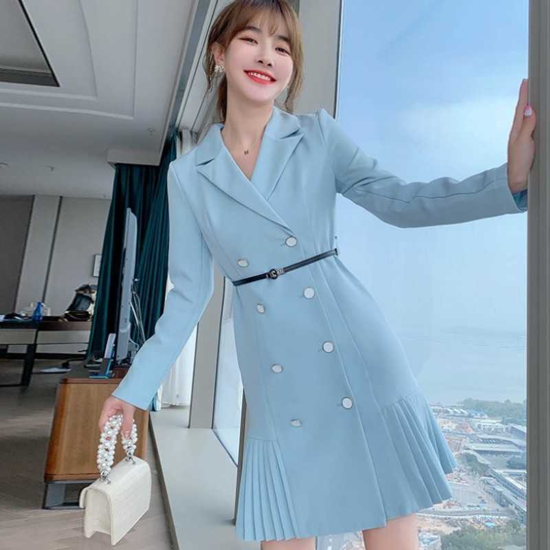 

Spring Vintage Blazer Dresses For Women Double Breasted Slim Pleated Elegant Office Ladies Dress With Belt Femme 210526, Photo color
