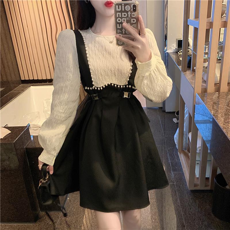 

Casual Dresses O Puff Long Sleeve Fake Two Piece Houndstooth Dress Women Mini Ball Gowns Contrast Stitching Vintage Vestido Feminino, Black;gray