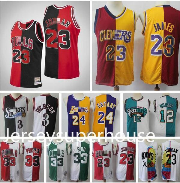 

Mens retro basketball jersey James 12 Morante 33 Pippen 33 Byrd 1 McGrady 15 Carter split patchwork color basketball jersey, Black;red