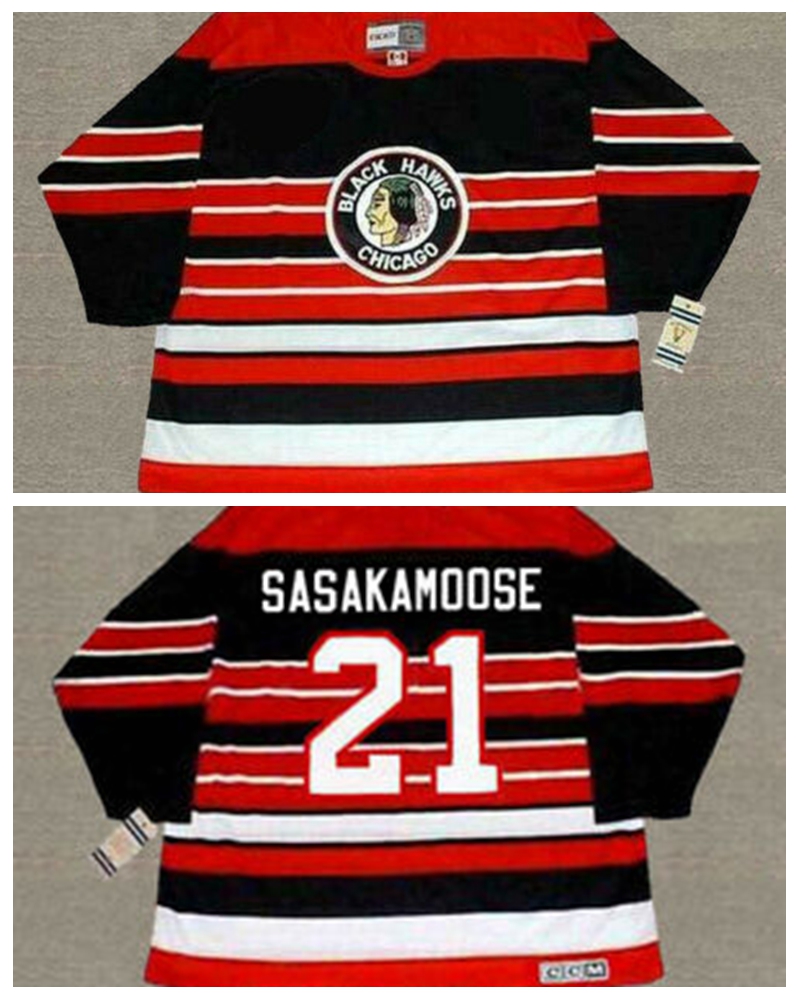 

Vintage Fred Sasakamoose Chicago Blackhawks 1950's Hockey Jerseys Mens Red Black White #21 Stitched Shirts S-XXXL