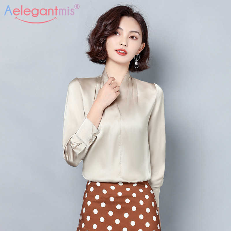 

Aelegantmis High Quality Satin Slik Women Blouse Sexy V Neck Loose Blouses Female Casual Shirts Ladies Plus Size Tops 210607, Yellow