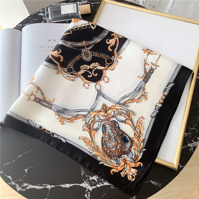 

2021 Spring Square Scarf for Women Design Chain Print Silk Feeling Hair Band Foulard Female Office Neckerchief Lady Bandana