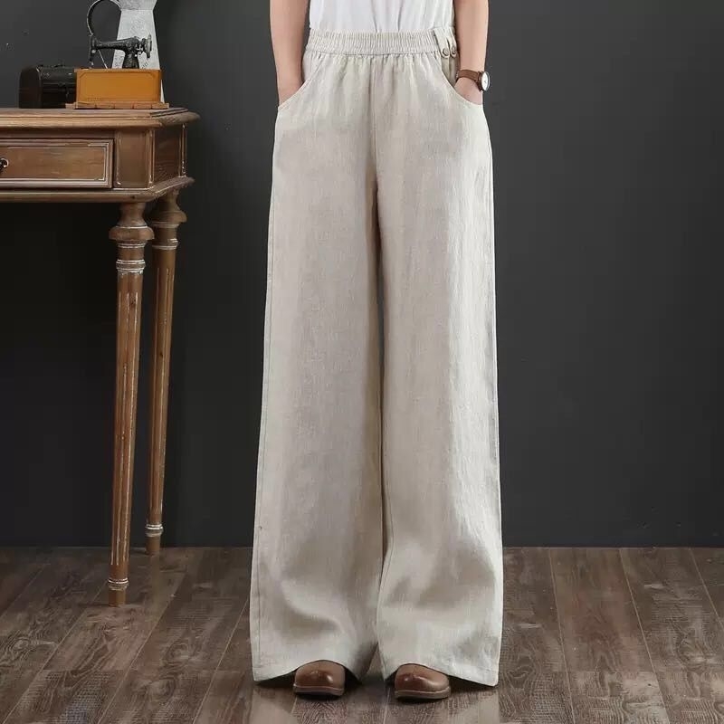 

Plus Size High Waisted Pants Women Cotton Linen Casual Orange Wide Leg Loose Trousers Female Gray Elegant Streetwear 210603, Beige