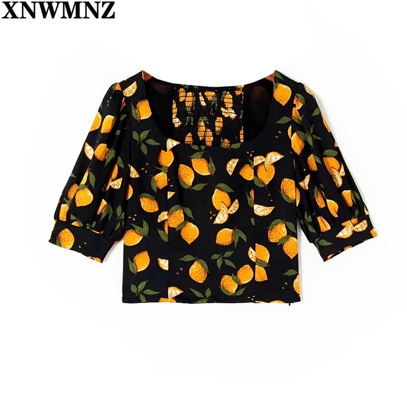 

women Vintage Cartoon Lemon Print Women T Shirt Chic Square Collar Ropa Mujer Fashion Chiffon Top Harajuku Tee Tops 210520, Black yellow