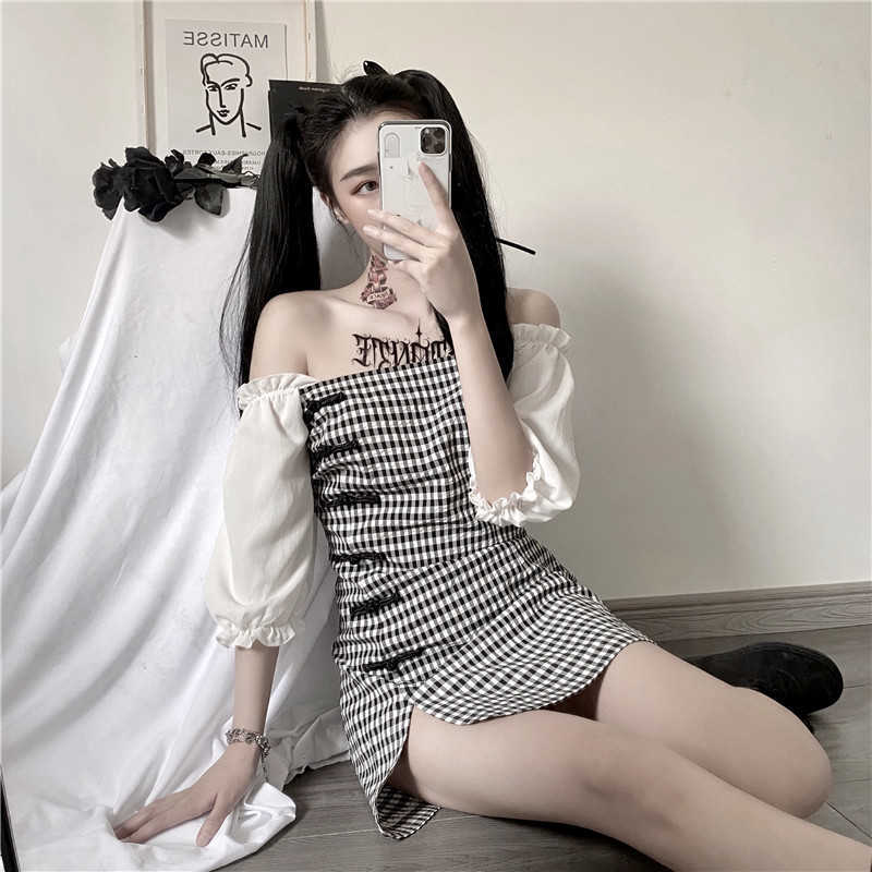 

Summer punk female gothic fun tees plaid Puff Sleeve sexy Ulzzang ins Vintage empire Slim large size streetwear dress 210608, Black