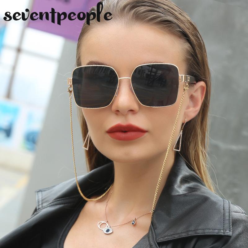 

Sunglasses Oversized Square With Chain Women 2021 Channel Fashion Large Metal Frame Sun Glasses For Female