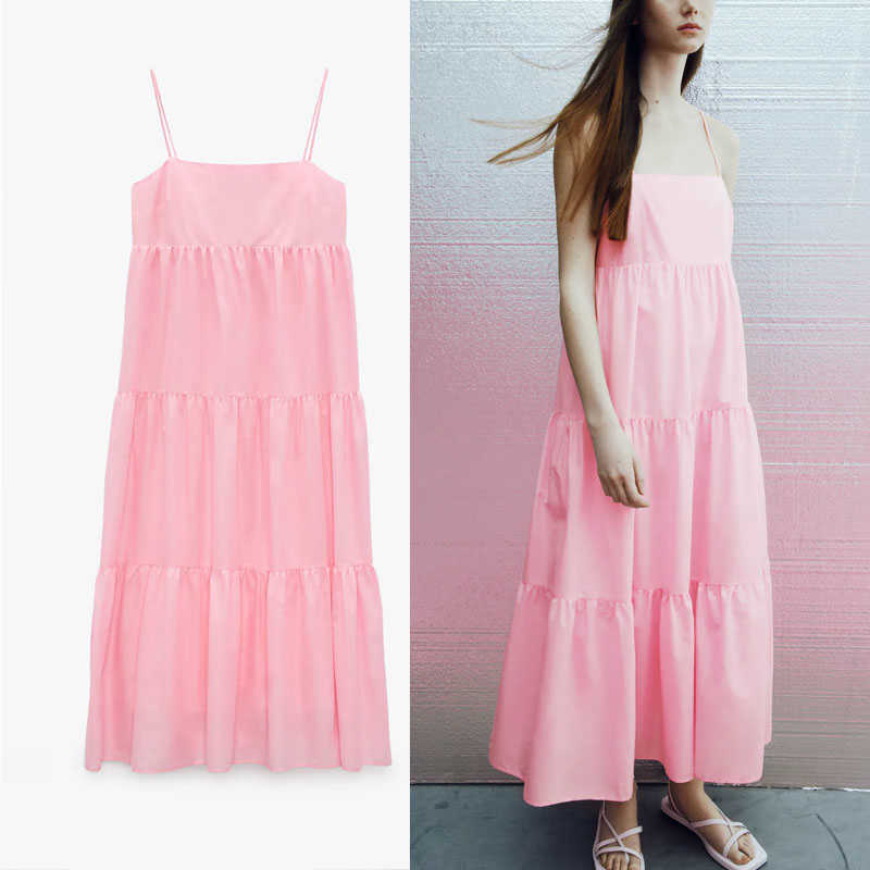 

Za Pink Long Summer Dress Women Sleeveless Spaghetti Straps Backless Elegant Party Dress Woman Side Zip Pleated Dresses 210602