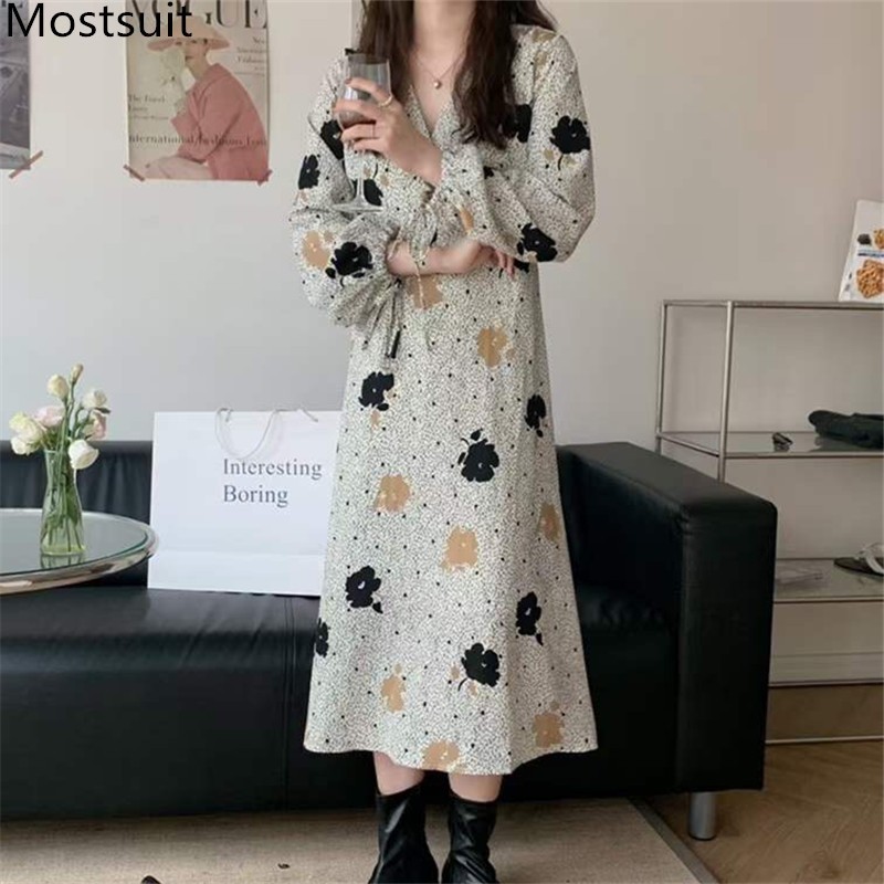 

Spring Floral Printed Women Long Dress Full Sleeve V-neck Korean Vintage Elegant Female Dresses Vestidos Femme 210518, White