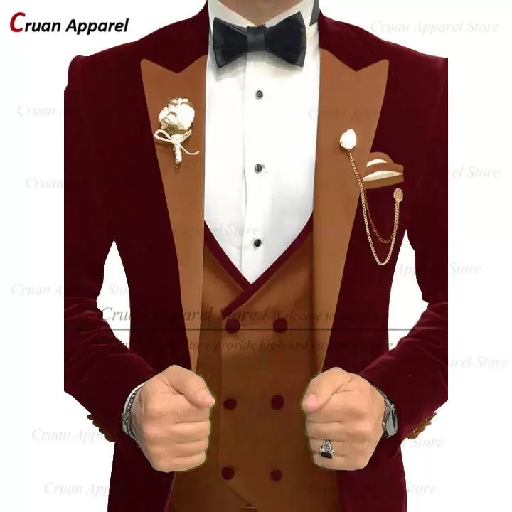 

Men's Suits & Blazers Burgundy Velvet Wedding Men Slim Fit Trendy Man Groom Dinner Tuxedo Jacket With Double Breasted Brown Vest Pants 3Pcs, Bur-green