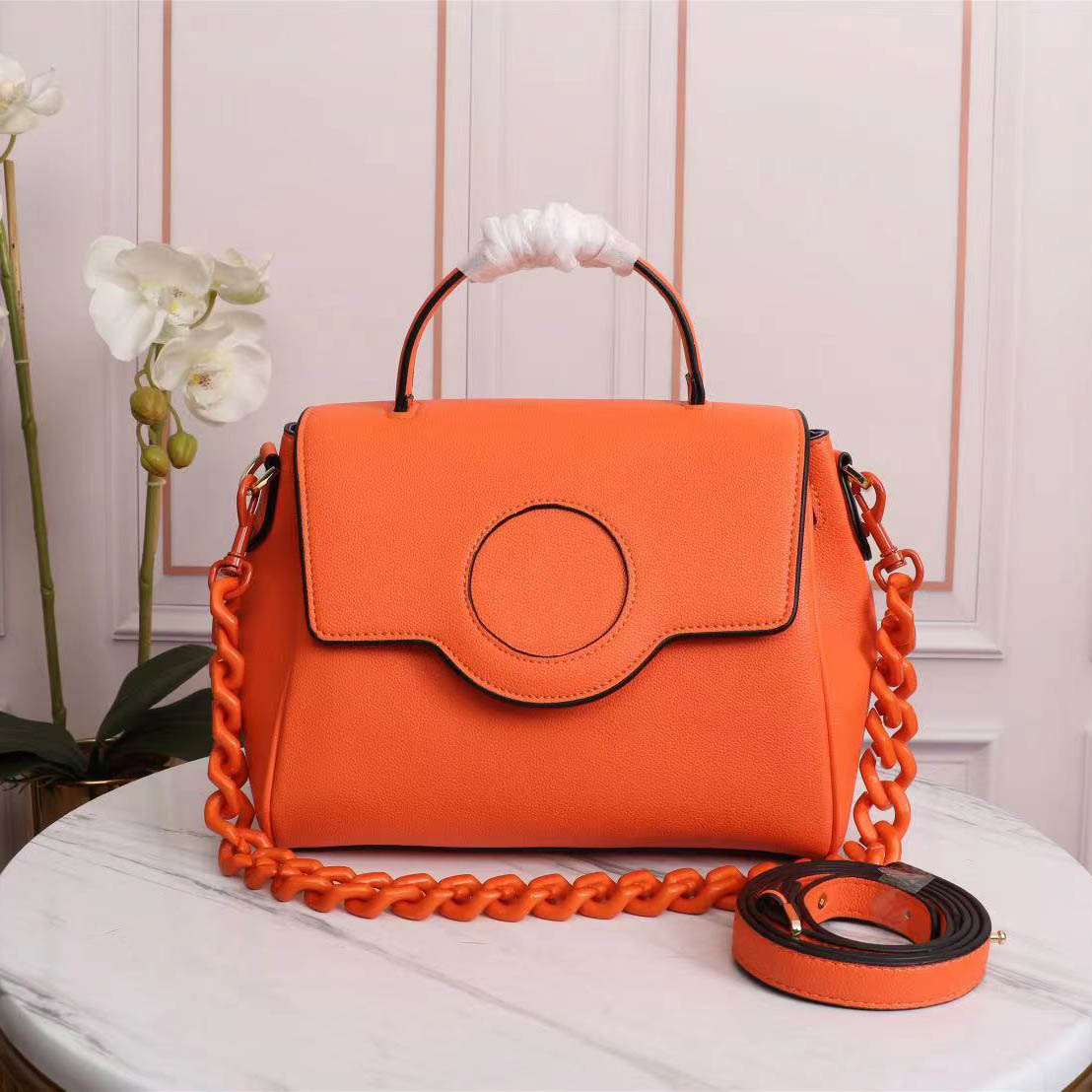 

High quality chain bag ladies luxury leather handbags orange fashion brand shoulder bag Medusa design classic retro large capacity handbag