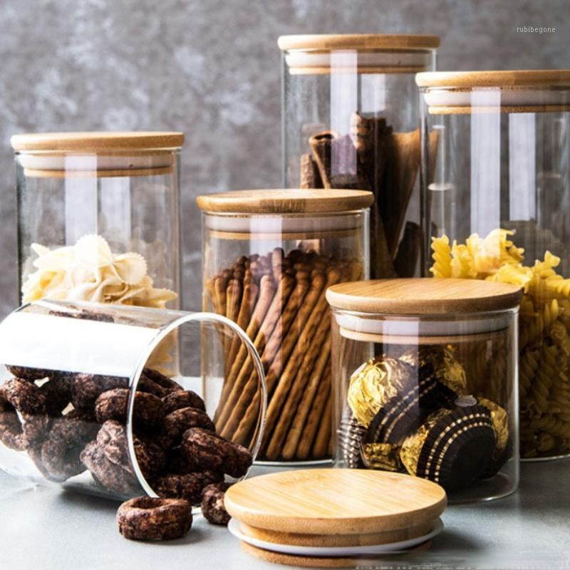 

Storage Bottles & Jars 650-2100ml Kitchen Tank Container With Bamboo Wood Cover Jar Chocolate Pasta Coffee Beans Eco-friendly Glass Bottle