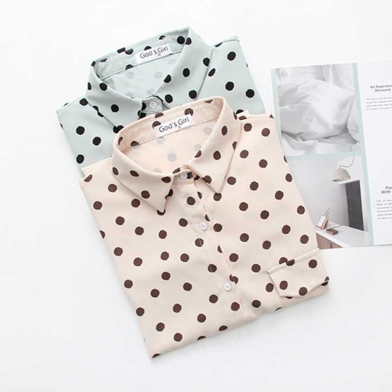 

Plus Size Polka Dot Cotton Women Blouses Shirt Long Sleeve 's Shirts Turn Down Collar Casual Blouse Top 210601, Beige