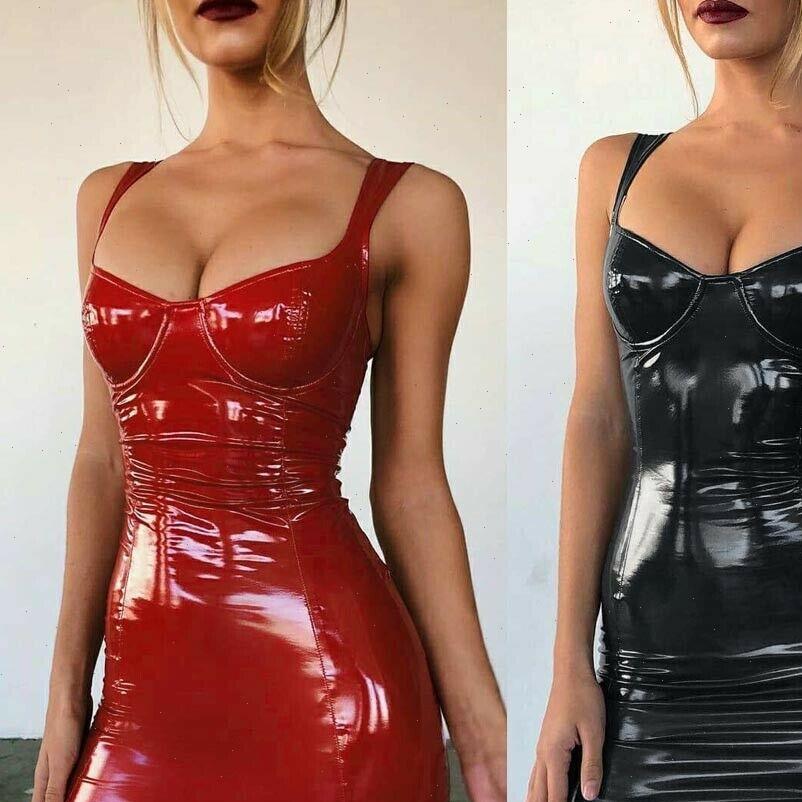 

Womens Sexy Women Dresses Club Bodycon Patent Leather Evening Party Gothic Short Mini Dress Good Quality woman clothes, Red