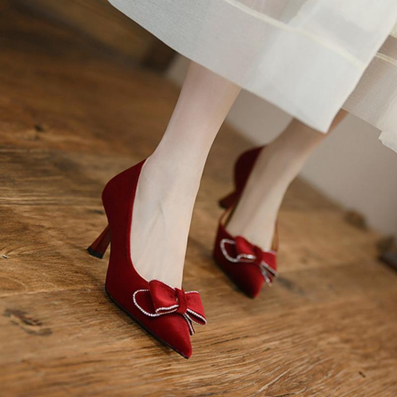 

Dress Shoes 2022 Spring/Summer Women Pointed Toe Thin Heel Red Bow-knot High Heels Ladies Stiletto Pumps, Wine red