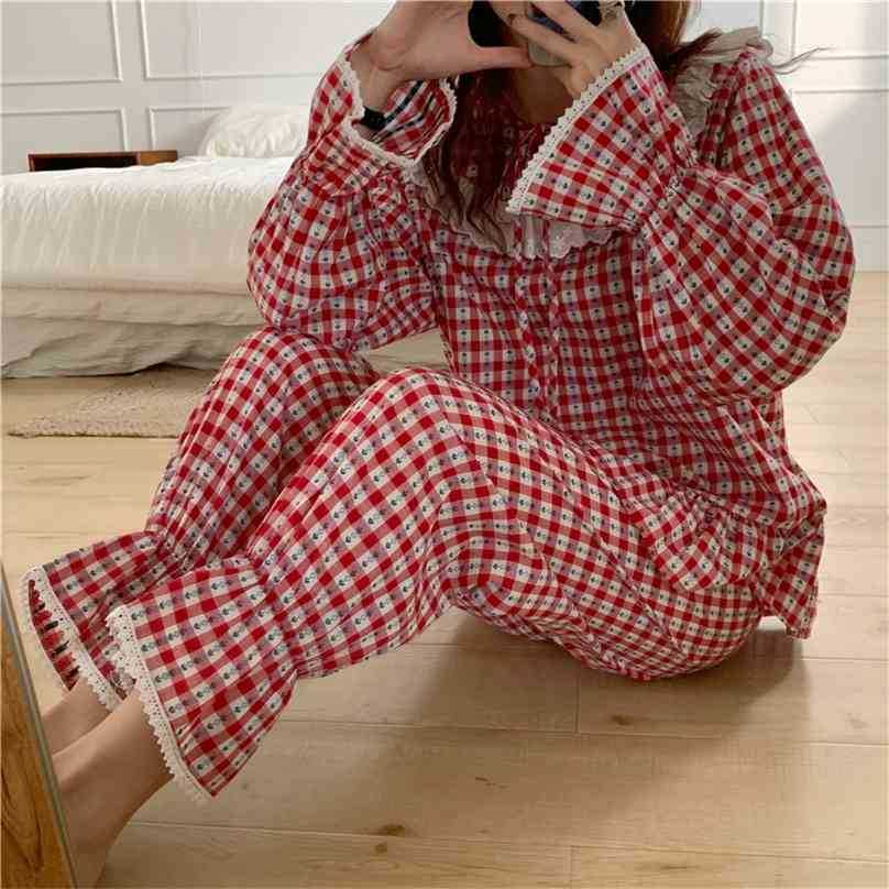 

Sweet Geometric All Match Homewear Women Plaid Chic Fashion High Quality Nightwear Two Piece Suit Pajamas Sets 210525, Blue