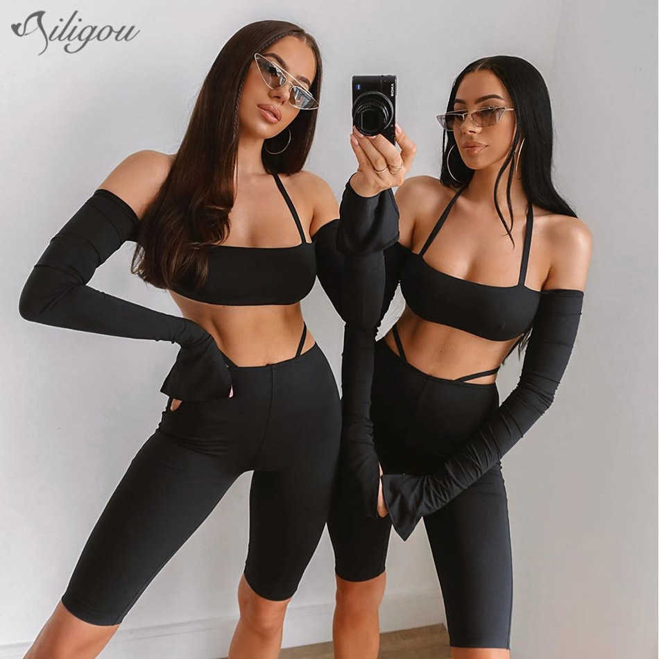 

Summer Black Open Back Sexy Wrapped Chest Long Sleeve Bottoming Shorts Sports And Leisure Women'S Bandage Set 210527