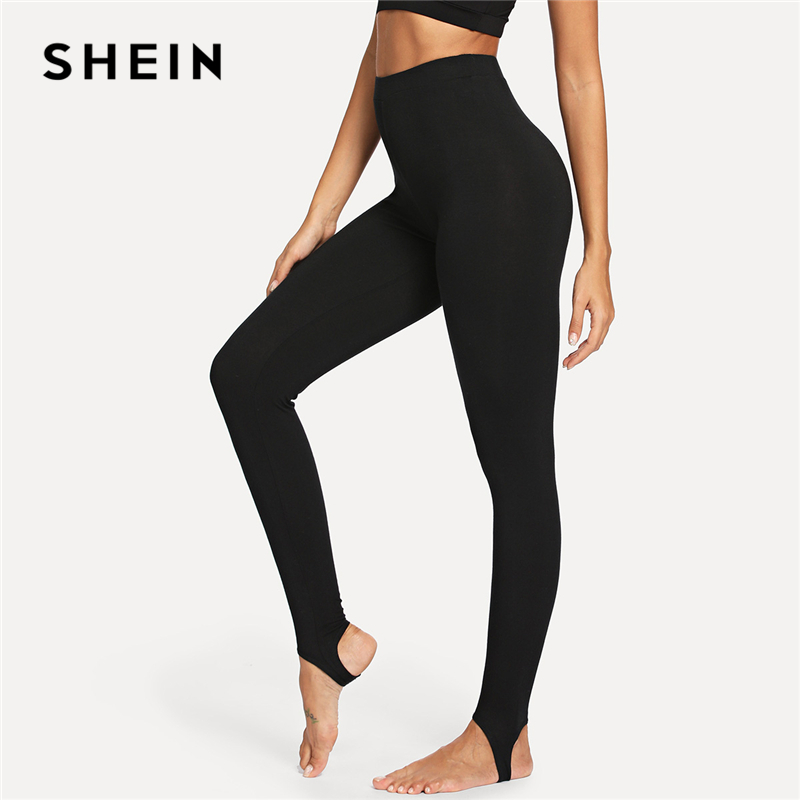 

SHEIN Black Casual High Rise Stirrup Solid Long Skinny Leggings 2021 Autumn Cool Women Pants Trousers