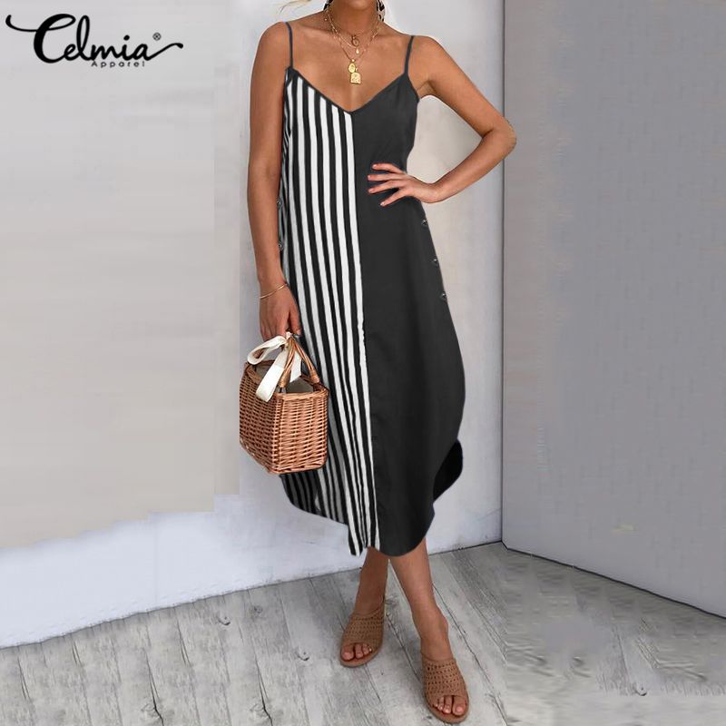 

Women Vintage Striped Patchwork Maxi Dress Celmia 2021 Summer Plus Size Sundress Casual Beach Party Sexy Spaghetti Strap Vestido, Black