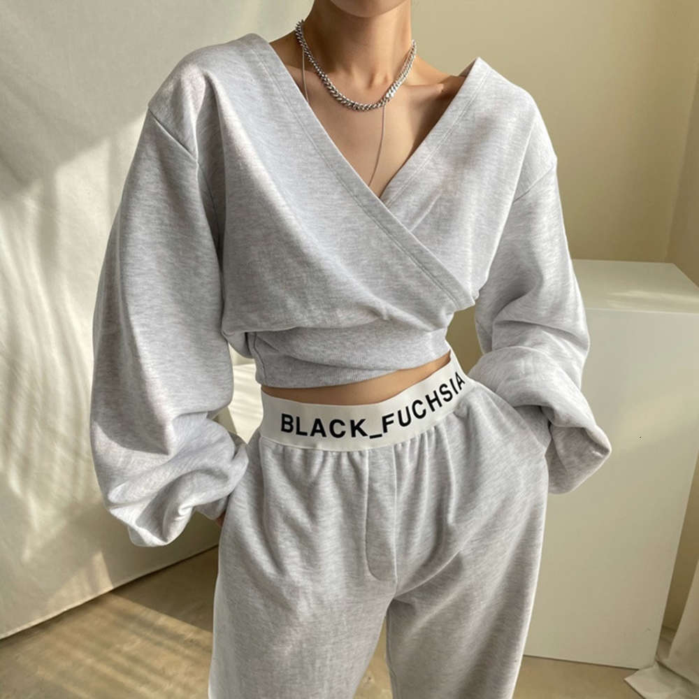 

two piece dress Korean chic versatile cross V-neck short Lantern Sleeve Sweater + high waist letter legged wide leg pants, White