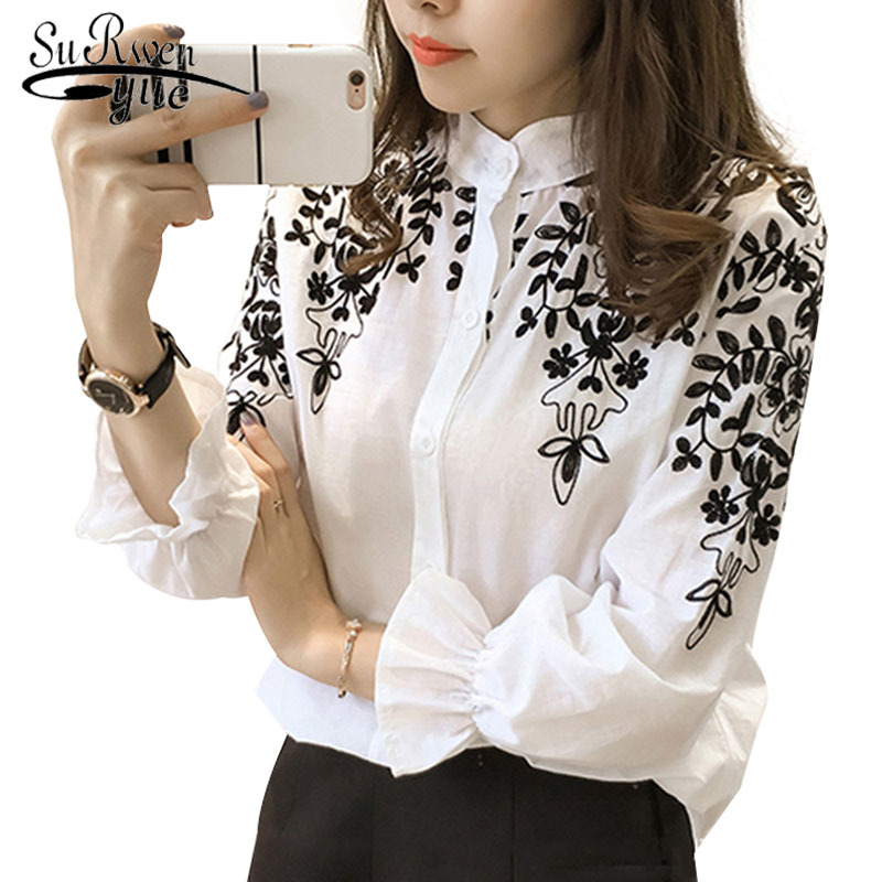 

Spring Fashion Female Clothing Embroidery Blouse Shirt Cotton Korean Flower Embroidered Tops Style Fresh 529E 210521, Black