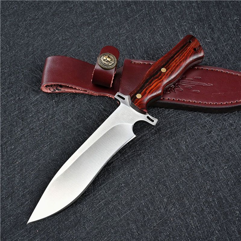 

High Quality Survival Straight Knife D2 Satin Drop Point Blades Full Tang Rosewood Handle Fixed Blade Knives With Leather Sheath