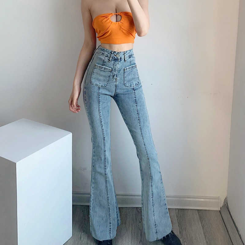 

WOMENGAGA Vintage High Waist Fold Spliced Flare Pants Jeans Straight Denim Trousers Fashion Women Girl Female korean E4D3 210603, Blue