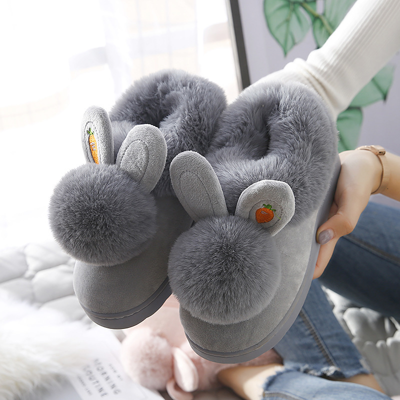 

luxury slippers winter cotton home indoor thick bottom bag with warm month sho lovely rabbit ear slipper's winter, Black