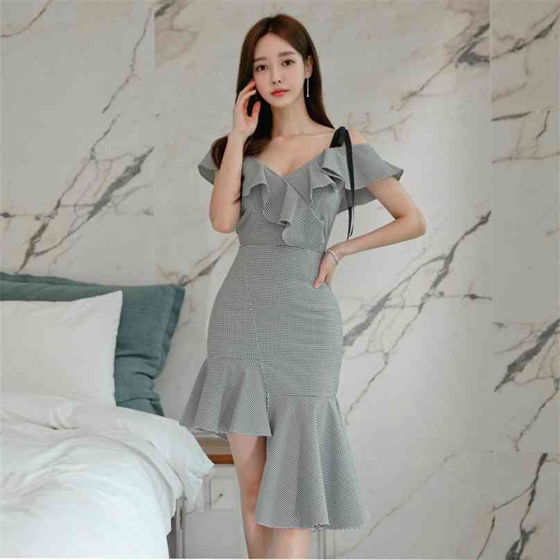

summer style korean temperament thin sexy ruffle V neck irregularity sling dress office party for women dresses 210602, Gray