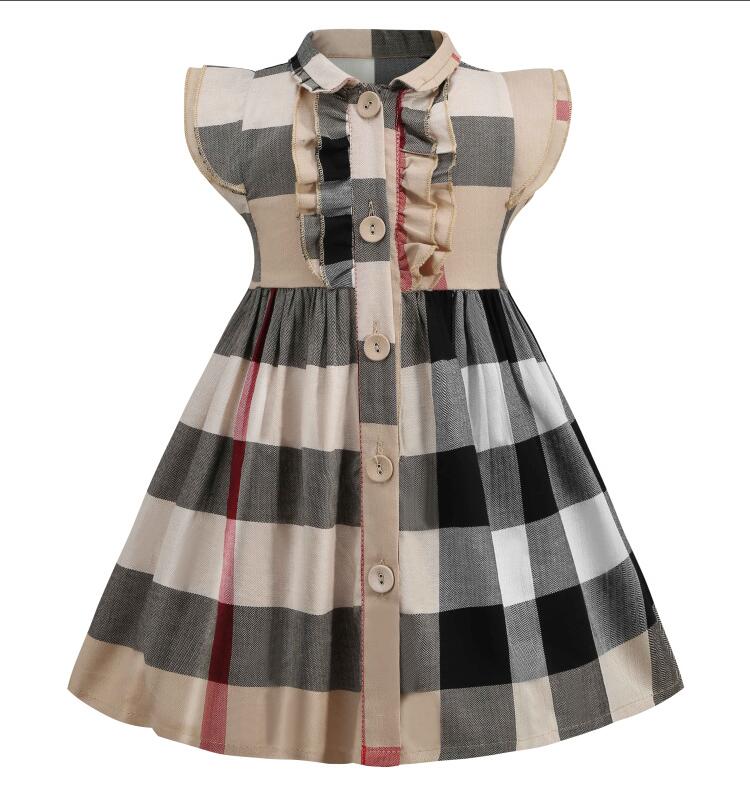 

Girls' summer dress check versatile little fly sleeve princess skirt, Champagne