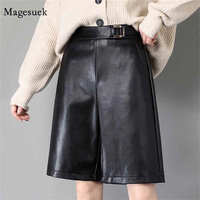 

PU Leather Loose Black Shorts Spring Winter Wide Leg High Waisted Sexy Casual Women Trousers Female Pockets 12134 210518, Khaki