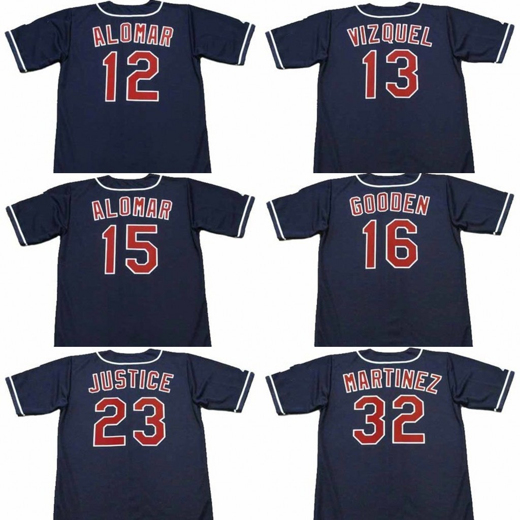 

Cleveland 12 ROBERTO ALOMAR 13 OMAR VIZQUEL 33 EDDIE MURRAY 23 DAVID JUSTICE 15 SANDY ALOMAR 16 DWIGHT GOODEN BARTOLO COLON Baseball Jersey, Blue;black