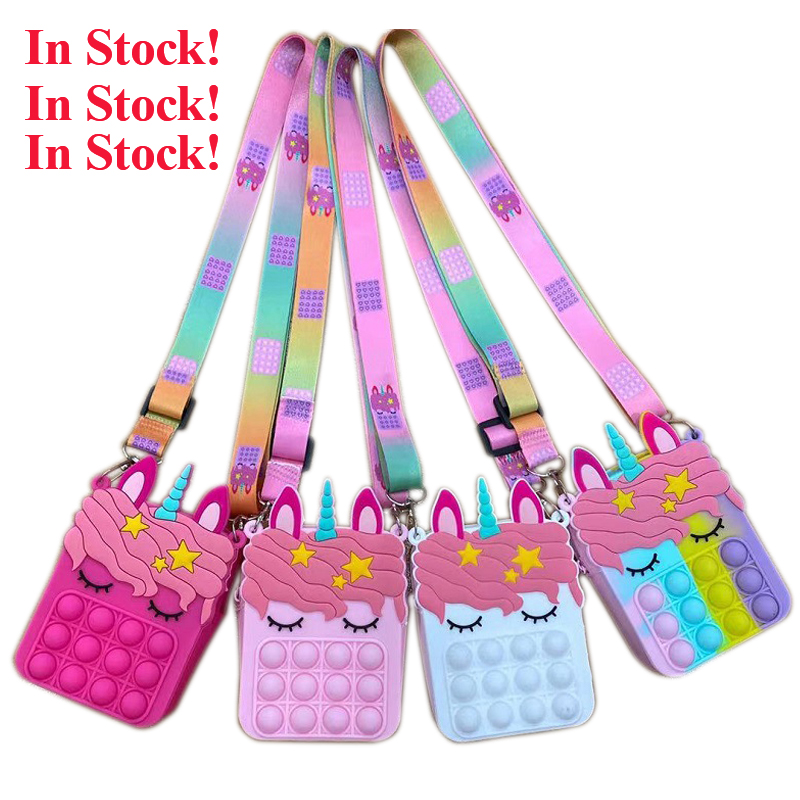 

Fidget Pops Sensory Bubble Bretelle Shoulder Bag Cellphone Straps Finger Push Phone Pouch Case Change Coin Purse Decompression Unicorn Popping Toys for Girls Kids