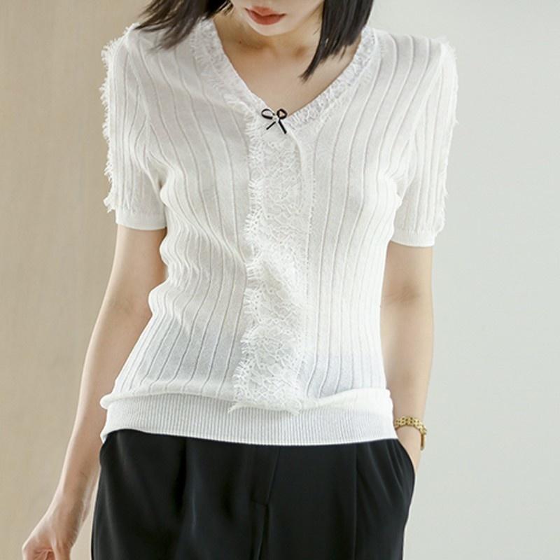

Women's Sweaters Korean 2022 Style Lace Spliced V-Neck Womens Summer Slim Concise Elegant Vintage Blouse Office Lady Short Sleeve Solid Tops, White;black