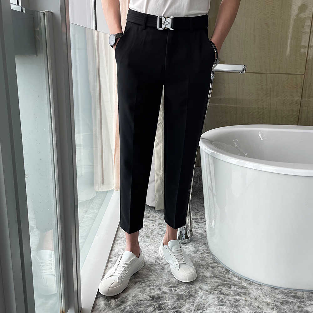 

Summer Business Dress Pants Men Ankle Length Casual Slim Fit Wedding Suit Pants Office Social Streetwear Trousers Costume Homme 210527, Creamy-white