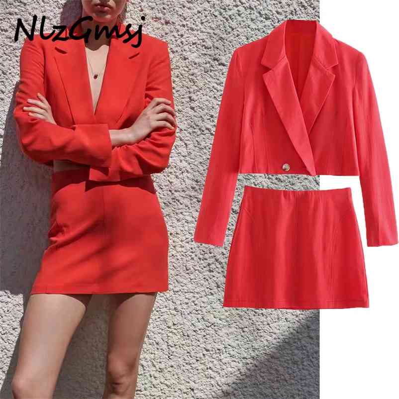 

Linen Double Breasted Blazer Women Vintage Red Long Sleeve + High-Waisted Mini Skirt Office Female 05 210628, As picture