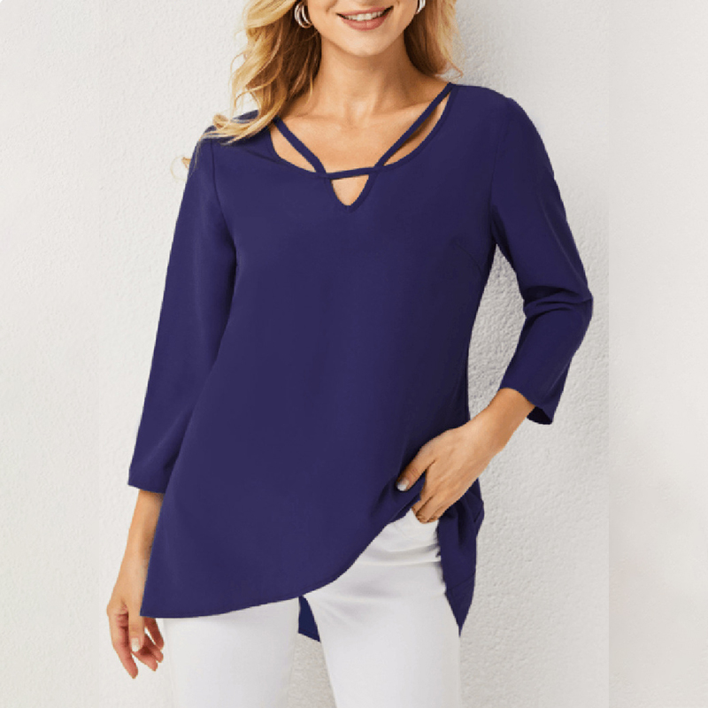 

Crossover Hem 3/4 Sleeve Asymmetric Neck Tunic Top, White