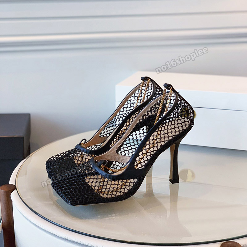 

mesh square toe high heels shoes stiletto sandals top quality leather casual shoe ladies gold chain comfortable and safe, No shoes