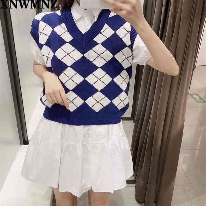 

Sweater women vintage knitted sweaters sleeveless korean harajuku sweater v-neck plaid tops elegant pullovers falll 210520, Navy blue